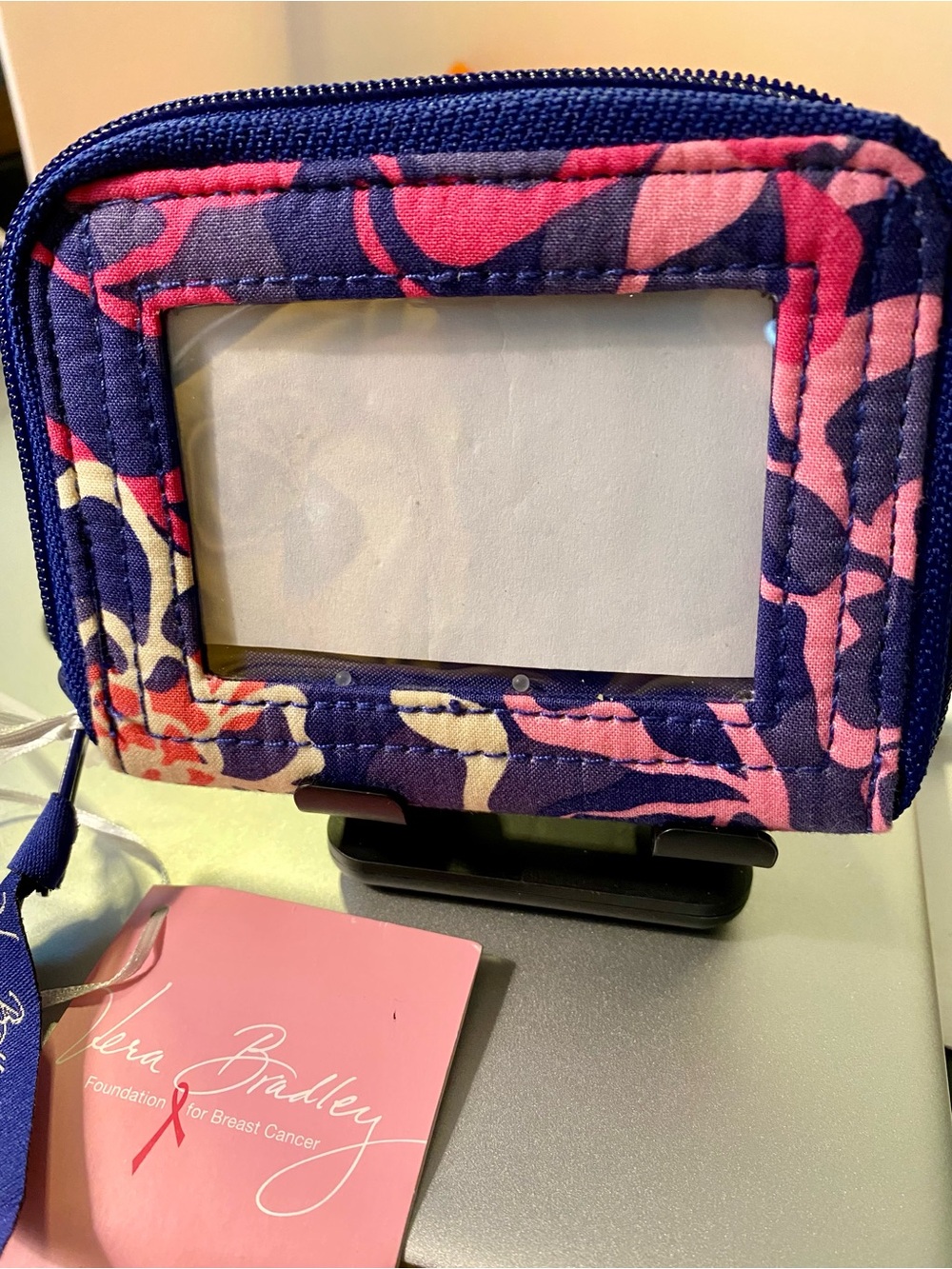 New Vera Bradley Quilted Floral ID Case in Navy & Pink. Breast Cancer Awareness